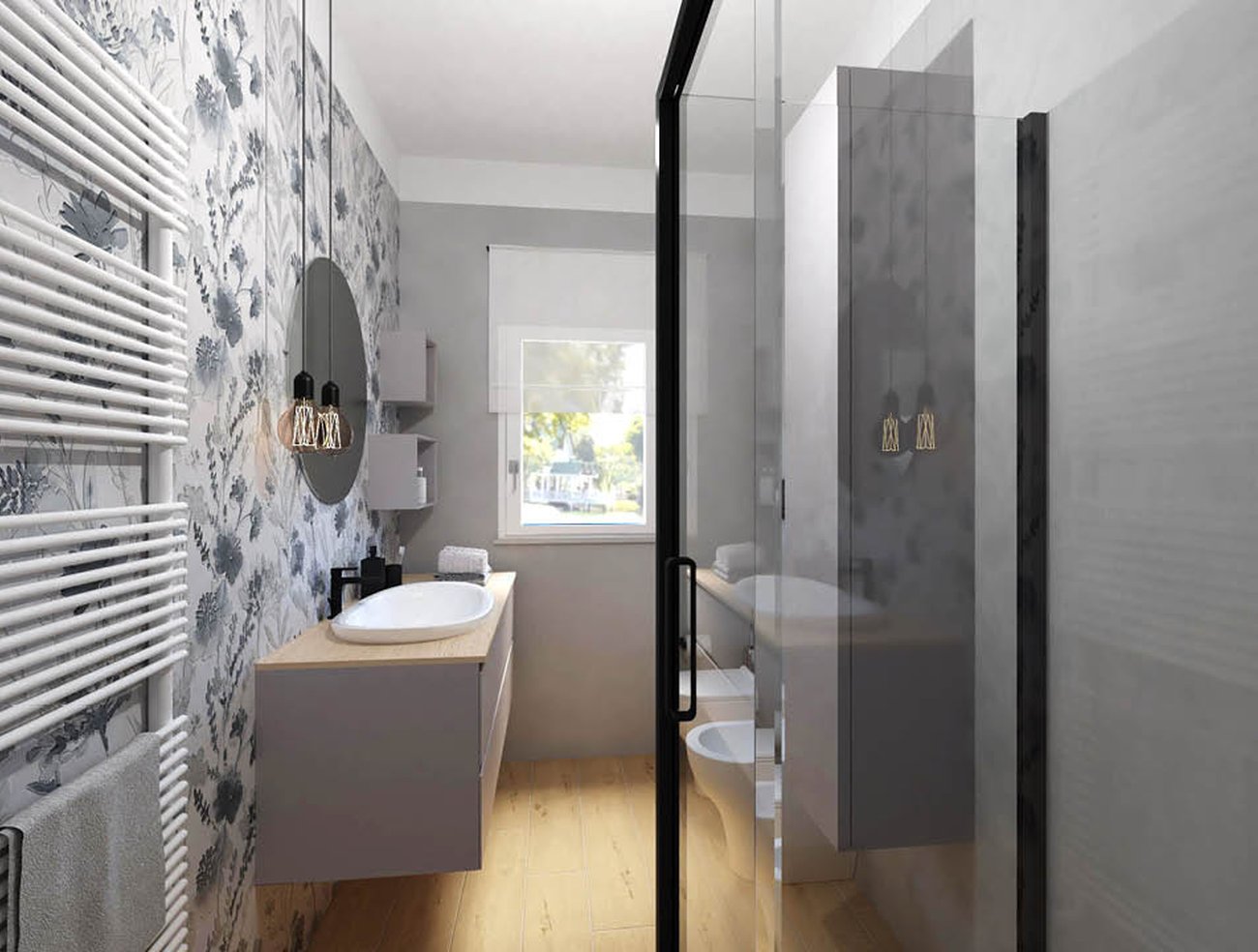 Imagen del proyecto de baño con forma Rectangular, realizada con baldosas de suelo ROOTS y baldosas de pared MILANO MOOD