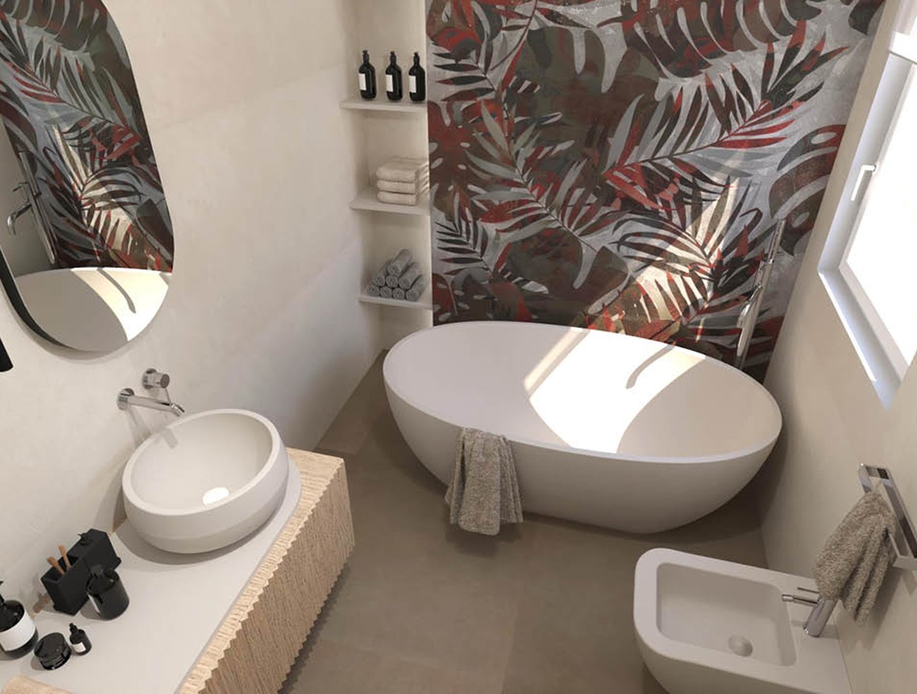 Bathroom design image in Rectangular shape, created with floor tiles SHEER and wall tiles BLOOM, FAP MURALS