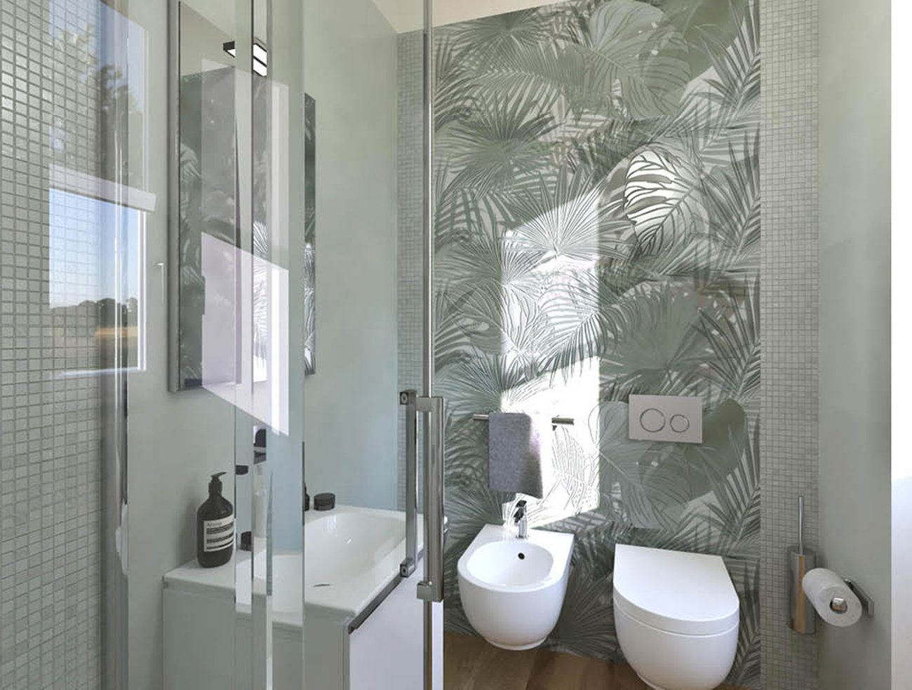 Bathroom design image in Squared shape, created with floor tiles FAPNEST and wall tiles MILANO MOOD