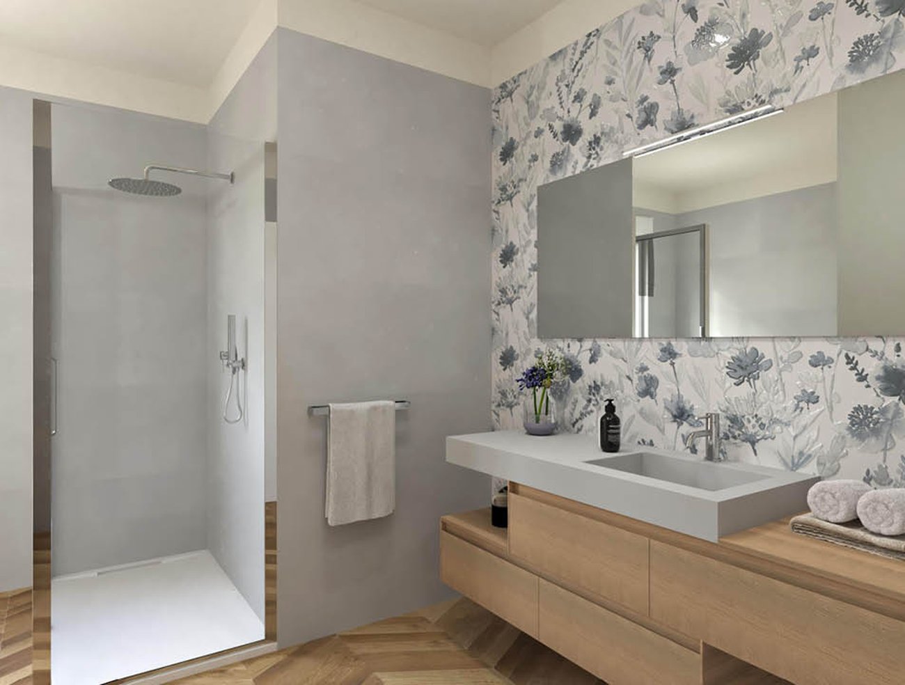 Bathroom design image in Squared shape, created with floor tiles FAPNEST and wall tiles MILANO MOOD