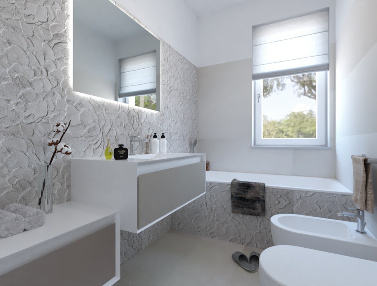 Image du projet de salle de bains de forme Rectangulaire, réalisée avec des carreaux de sol SUMMER et carreaux muraux LUMINA SAND ART