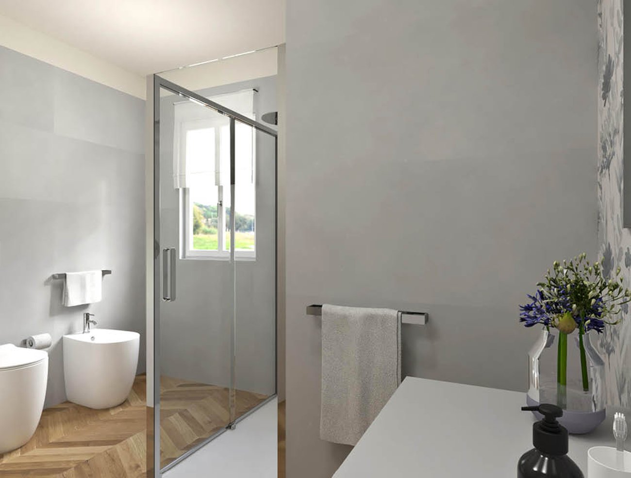 Bathroom design image in Squared shape, created with floor tiles FAPNEST and wall tiles MILANO MOOD