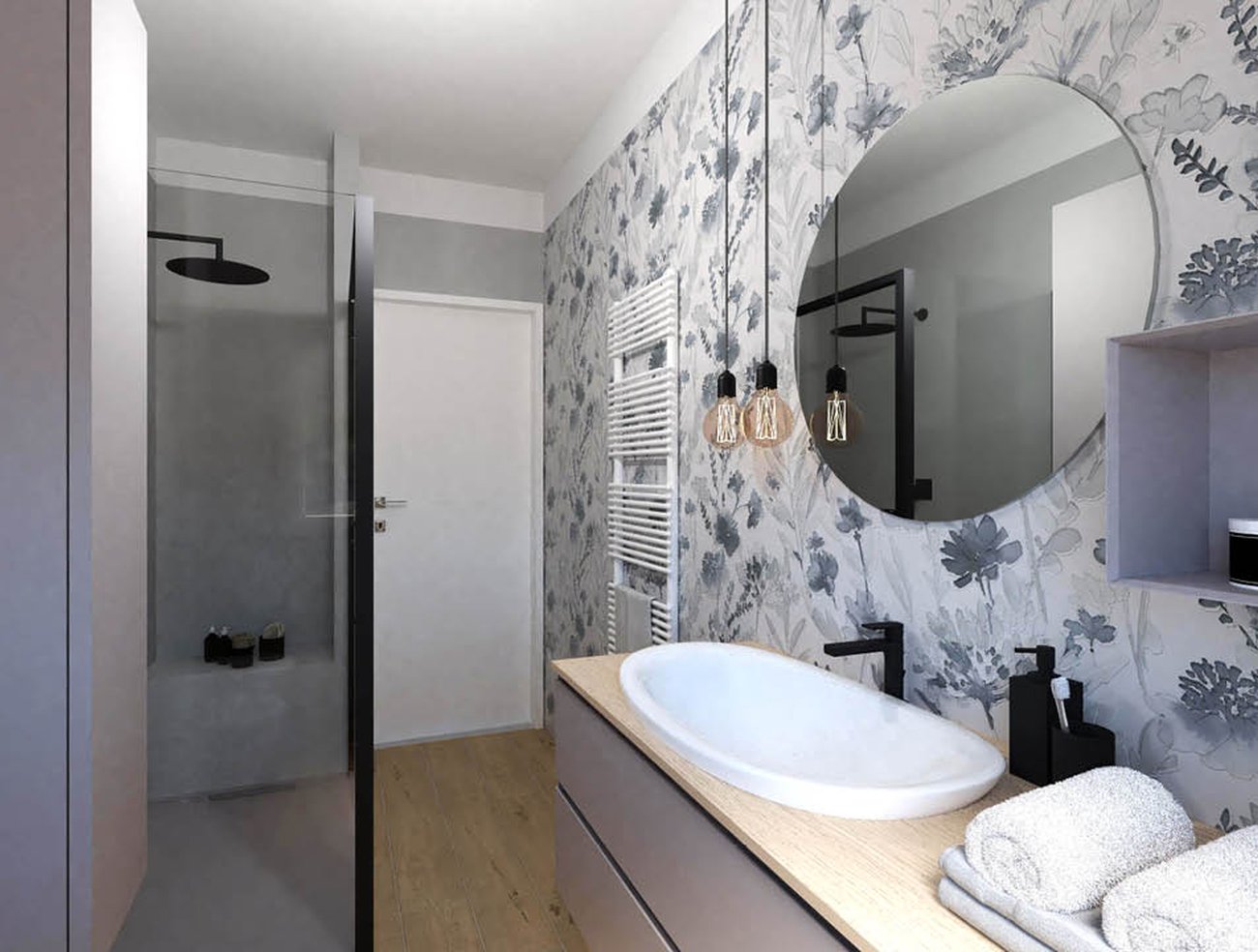 Imagen del proyecto de baño con forma Rectangular, realizada con baldosas de suelo ROOTS y baldosas de pared MILANO MOOD