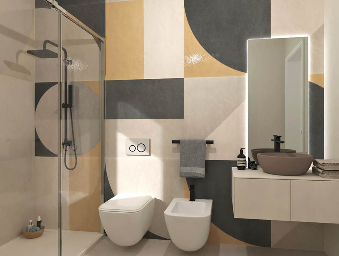 Bathroom design image in Rectangular shape, created with floor tiles SHEER and wall tiles SHEER, FAP MURALS