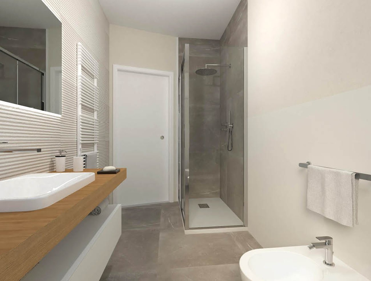 Image du projet de salle de bains de forme Rectangulaire, réalisée avec des carreaux de sol MAKU et carreaux muraux LUMINA SAND ART, MAKU