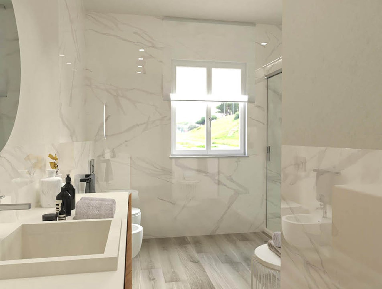 Bathroom design image in Rectangular shape, created with floor tiles FAPNEST and wall tiles ROMA DIAMOND, BLOOM
