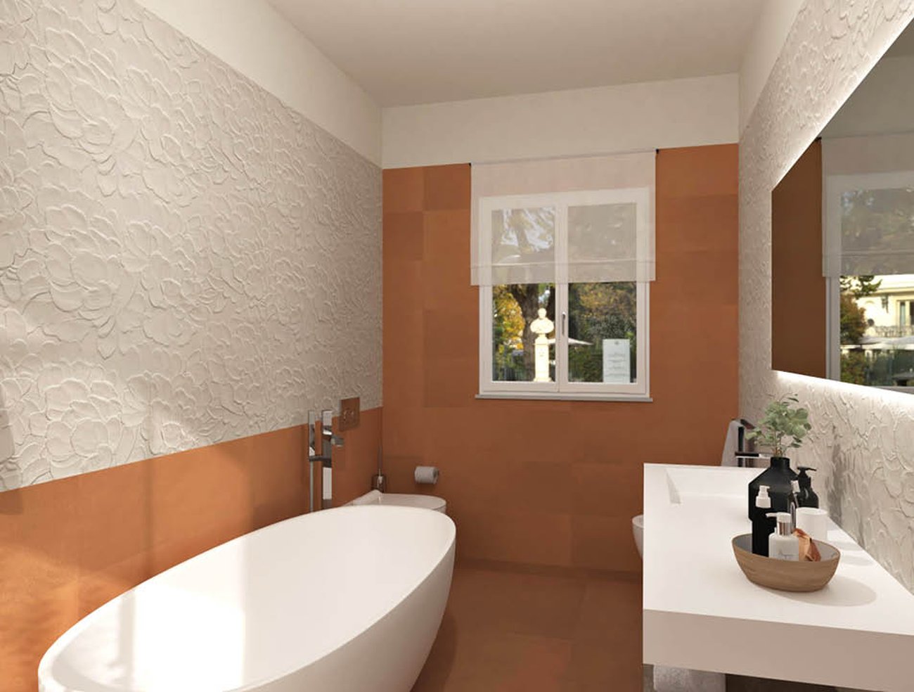 Bathroom design image in Rectangular shape, created with floor tiles SUMMER and wall tiles LUMINA SAND ART, SUMMER