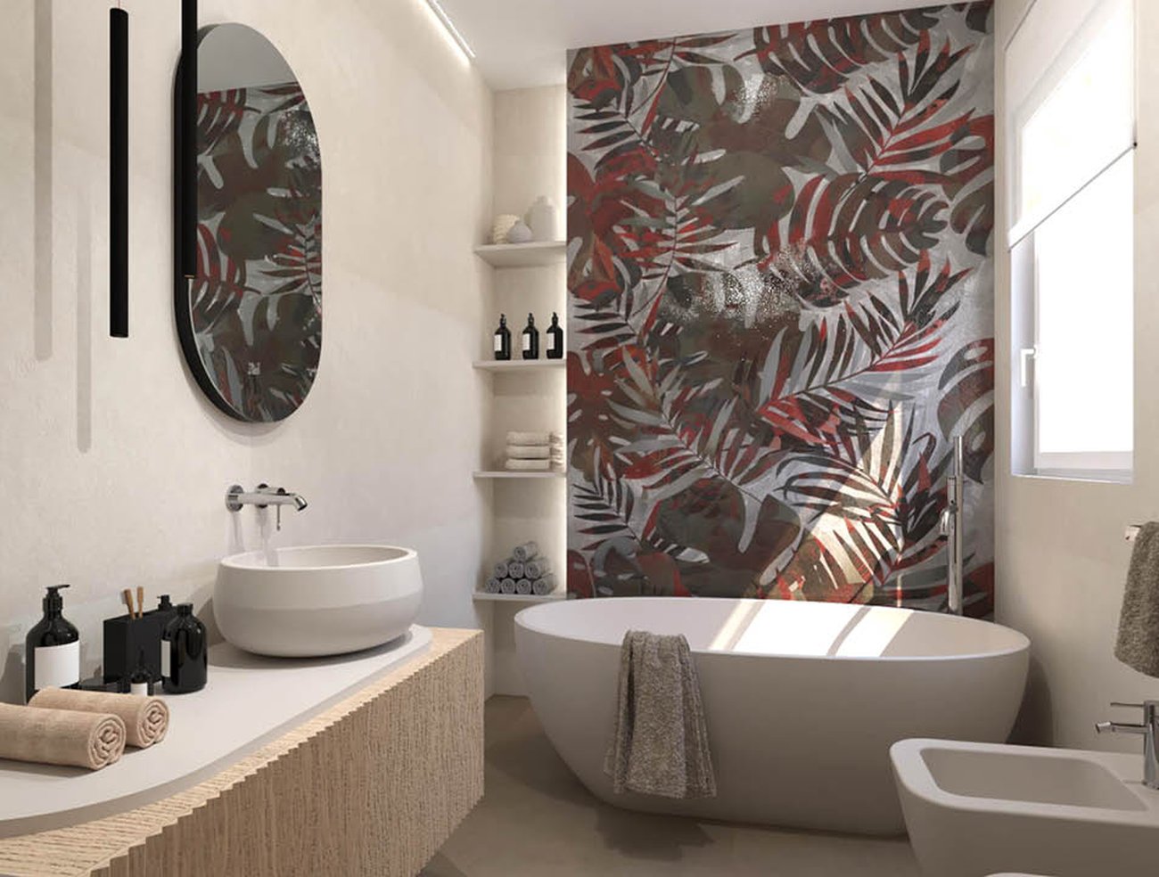 Bathroom design image in Rectangular shape, created with floor tiles SHEER and wall tiles BLOOM, FAP MURALS