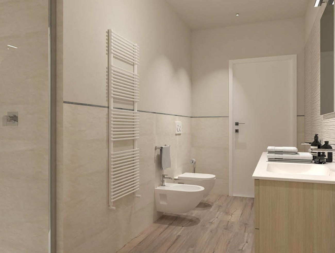 Bathroom design image in Rectangular shape, created with floor tiles ROOTS and wall tiles MAKU