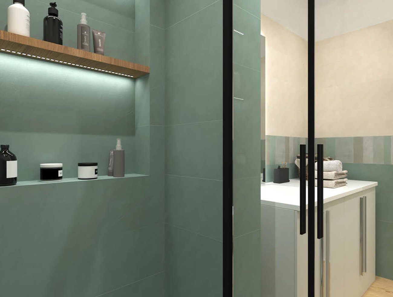 Bathroom design image in Squared shape, created with floor tiles ROOTS and wall tiles COLOR LINE