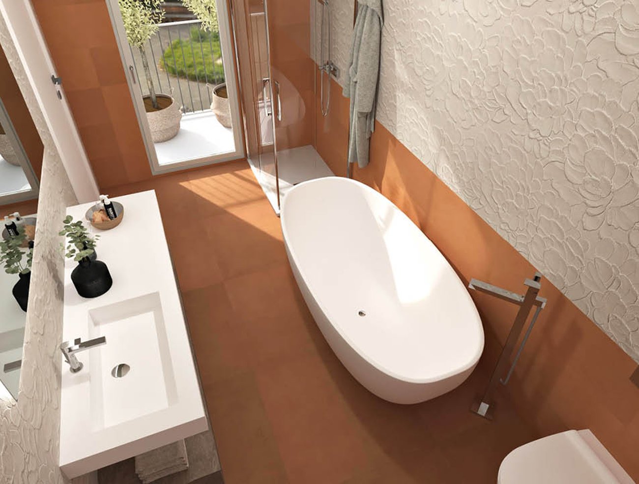 Bathroom design image in Rectangular shape, created with floor tiles SUMMER and wall tiles LUMINA SAND ART, SUMMER