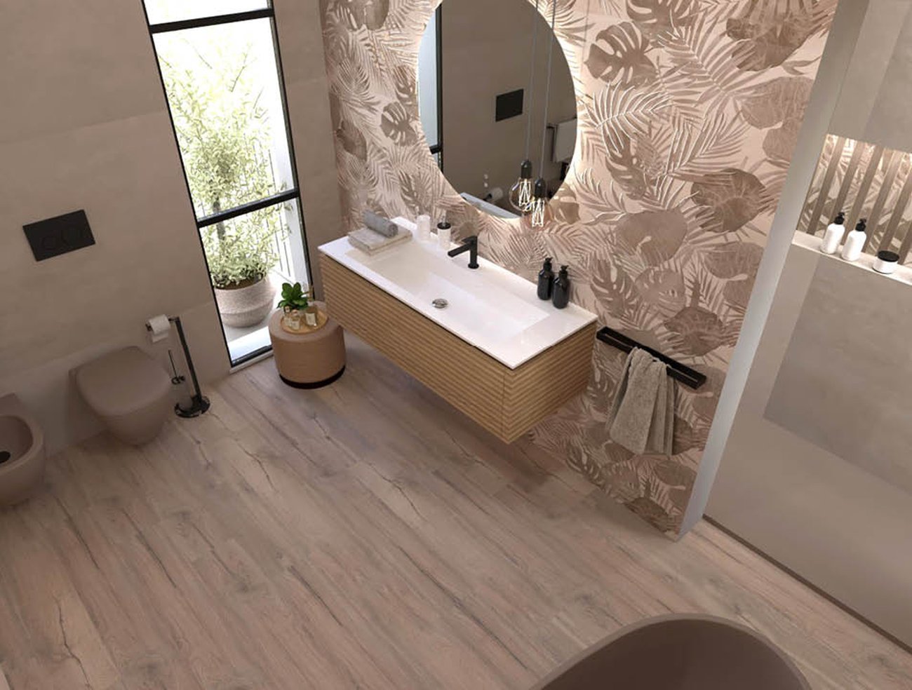 Bathroom design image in Squared shape, created with floor tiles ROOTS and wall tiles YLICO