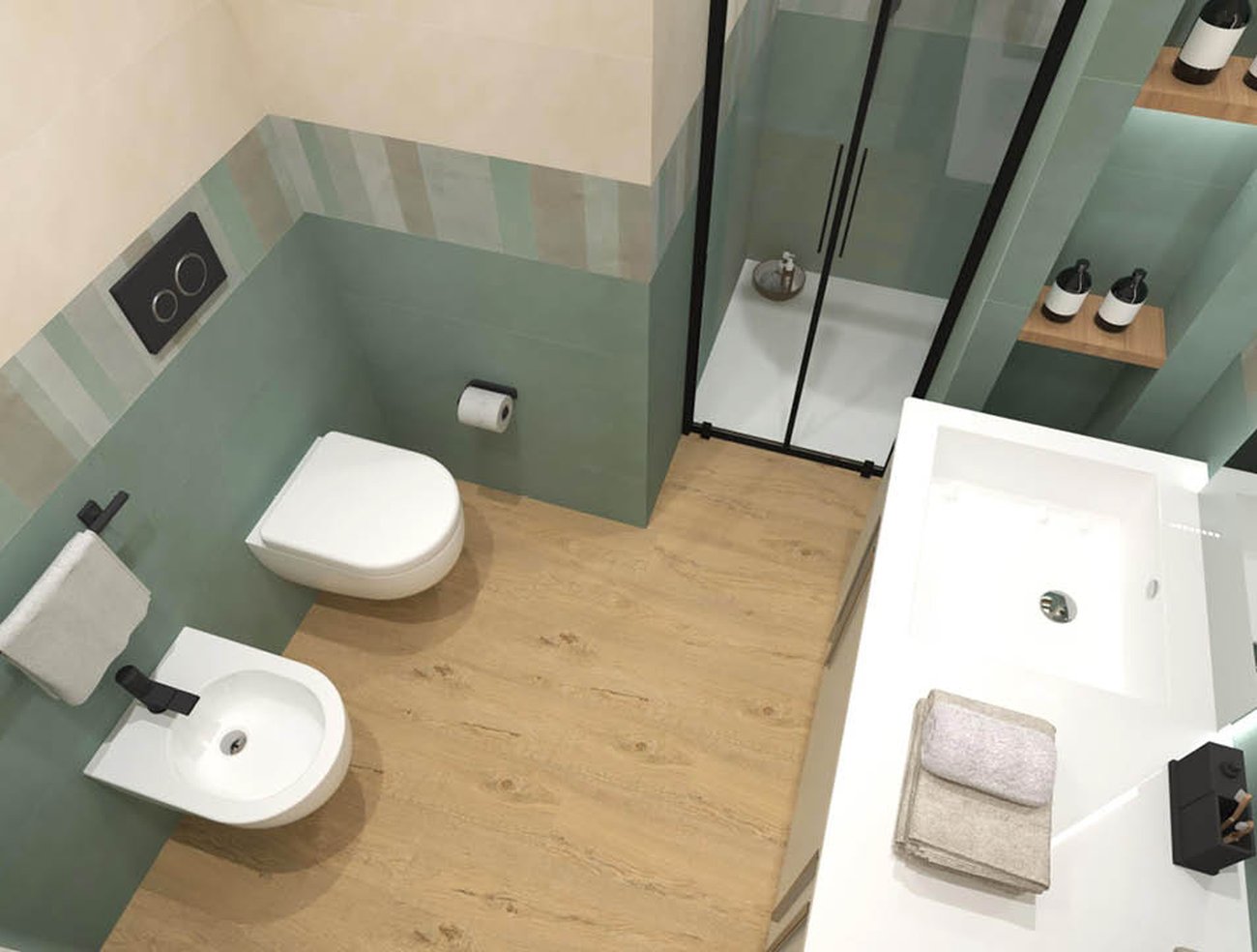 Bathroom design image in Squared shape, created with floor tiles ROOTS and wall tiles COLOR LINE