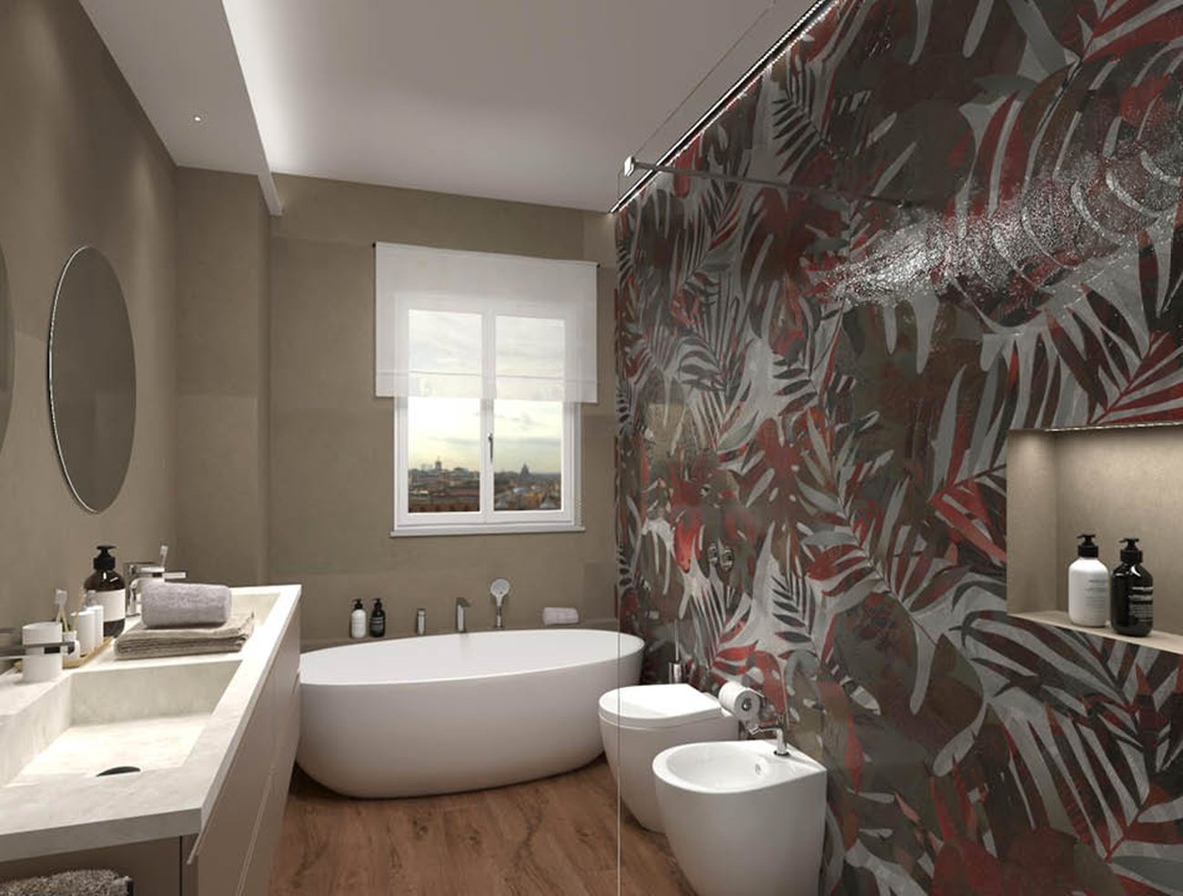 Bathroom design image in Rectangular shape, created with floor tiles ROOTS and wall tiles SHEER, FAP MURALS