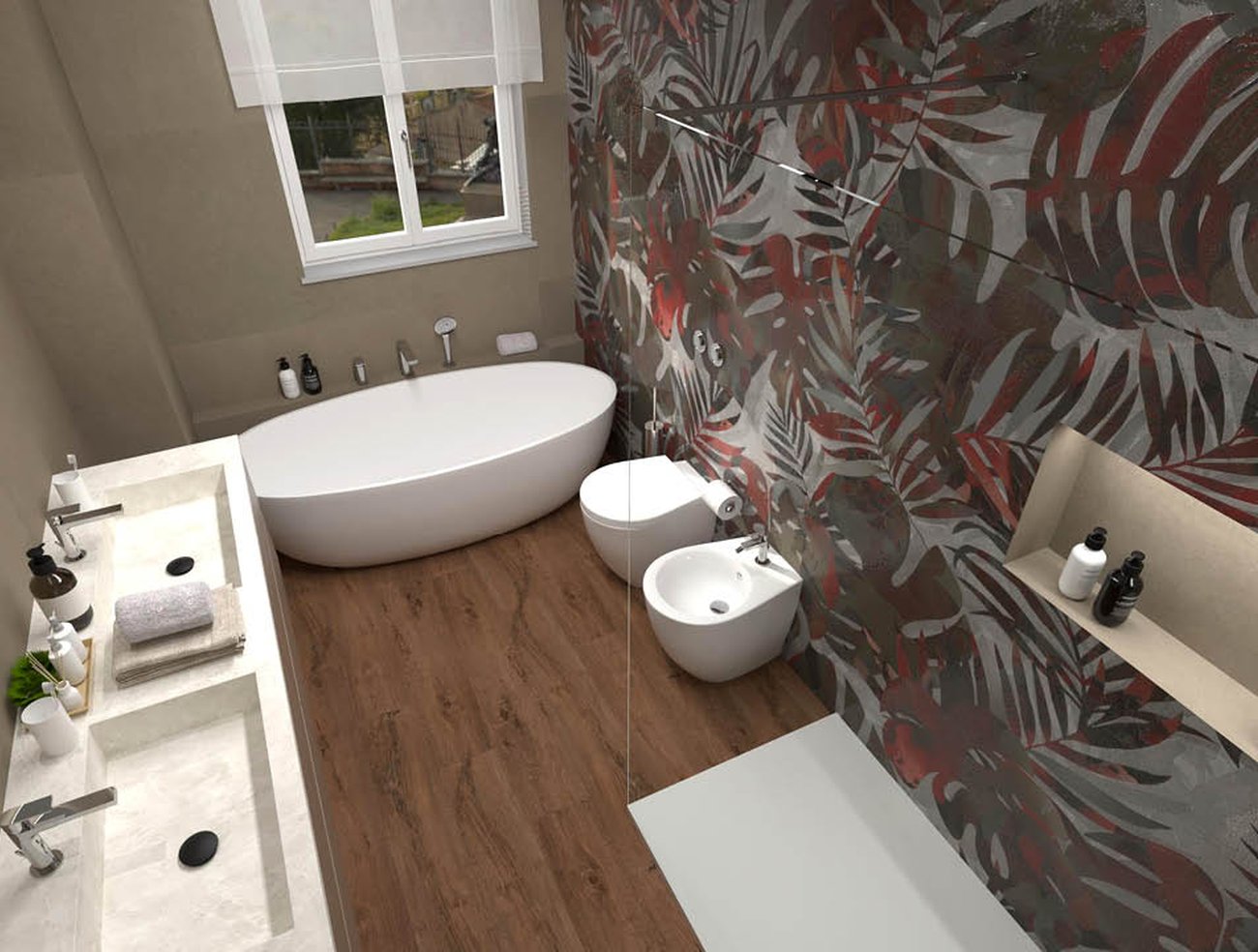 Bathroom design image in Rectangular shape, created with floor tiles ROOTS and wall tiles SHEER, FAP MURALS