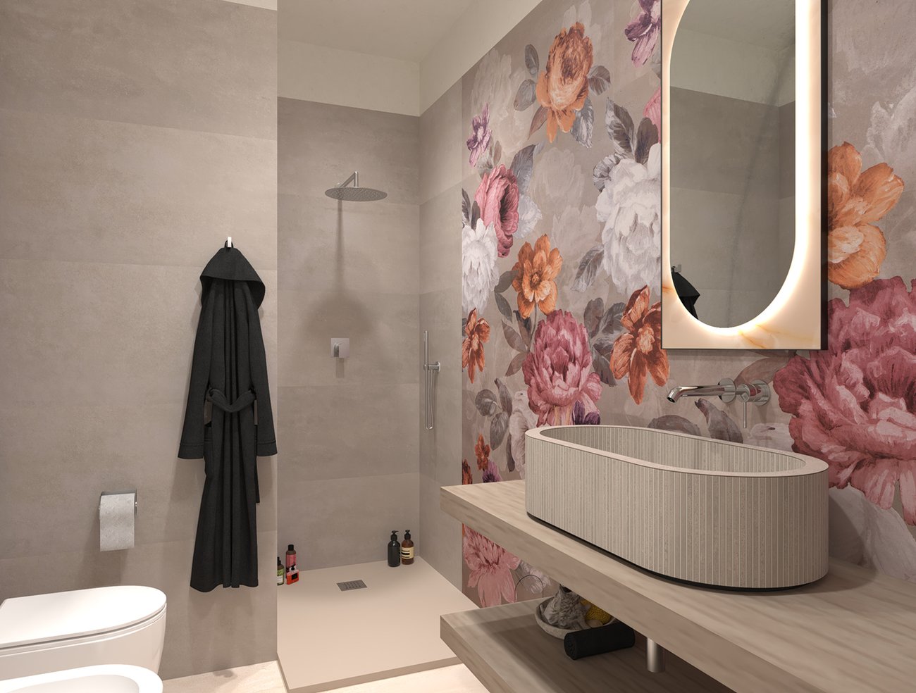 Image du projet de salle de bains de forme Rectangulaire, réalisée avec des carreaux de sol YLICO et carreaux muraux YLICO