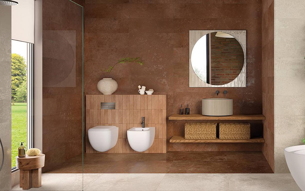 Contemporary bathroom with copper oxide effect wall tiles, beige walls and natural wood furnishings with green elements.