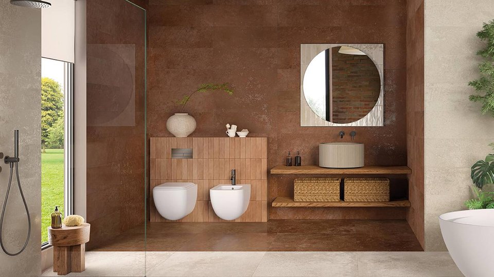 Contemporary bathroom with copper oxide effect wall tiles, beige walls and natural wood furnishings with green elements.