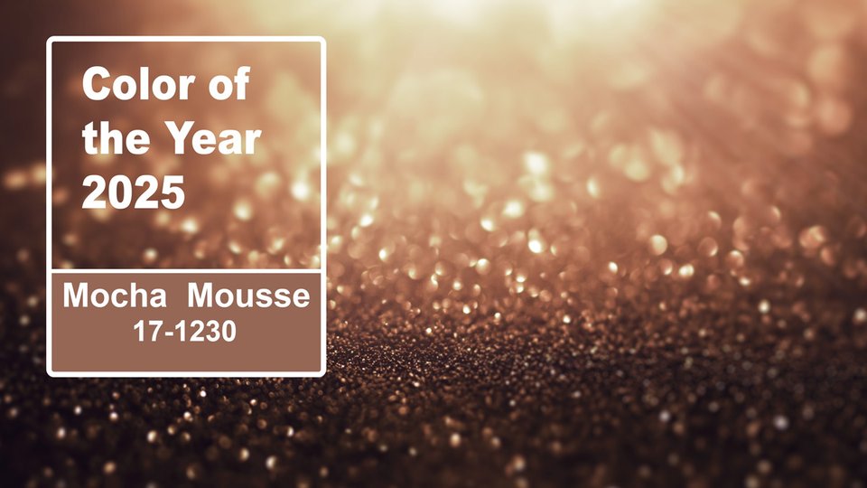 Pantone 2025 graphics with a bright Mocha Mousse background, glitter effect and white text on a warm copper background.