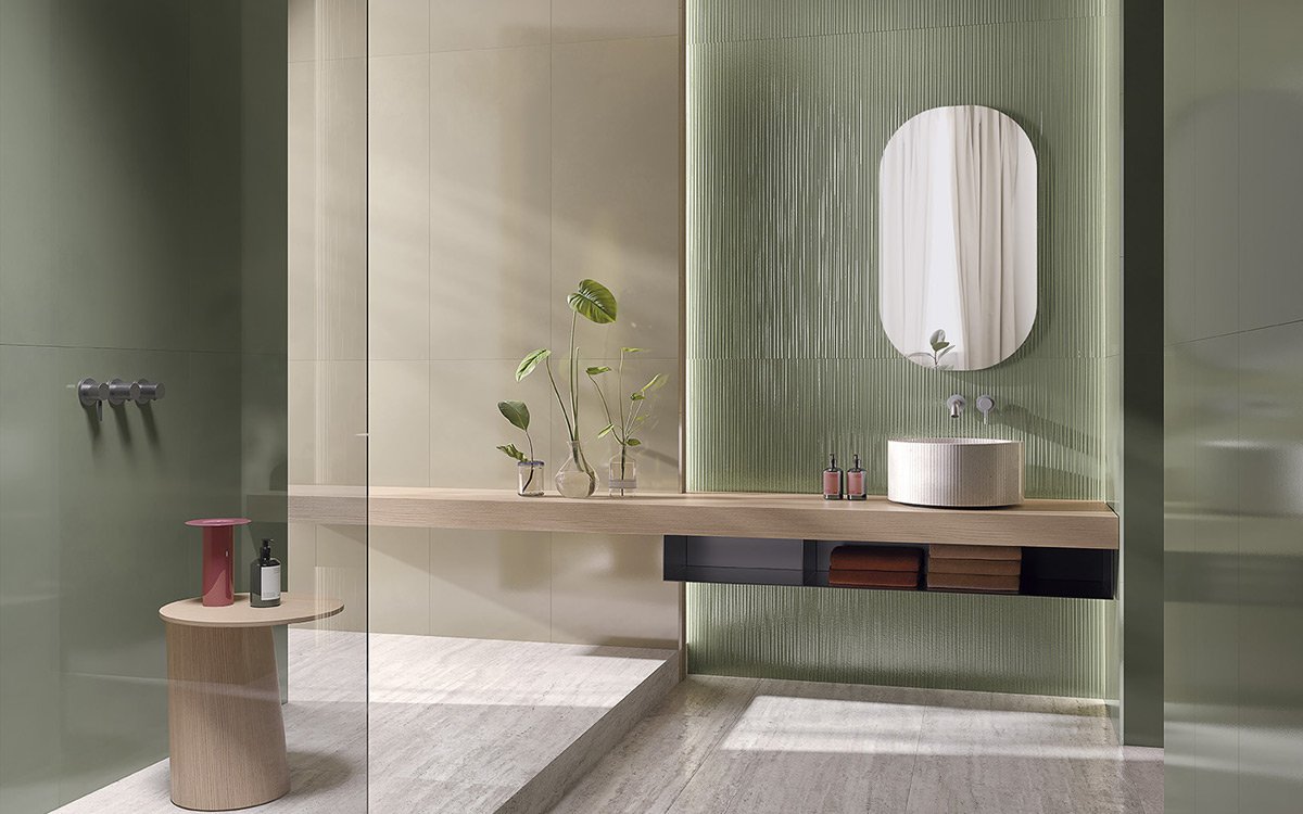 Porcelain stoneware stair tiles, trim tiles and niches: details and continuity of design