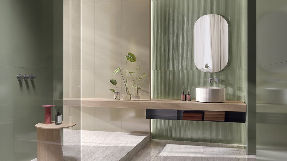 Porcelain stoneware stair tiles, trim tiles and niches: details and continuity of design