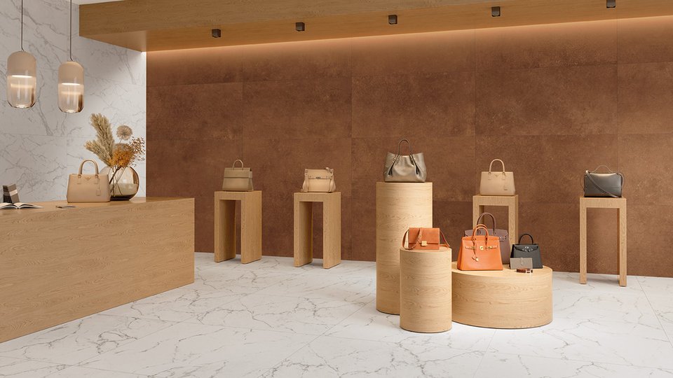 Elegant boutique with rust-coloured walls and veined white marble, marble-effect stoneware flooring and light wood furnishings.