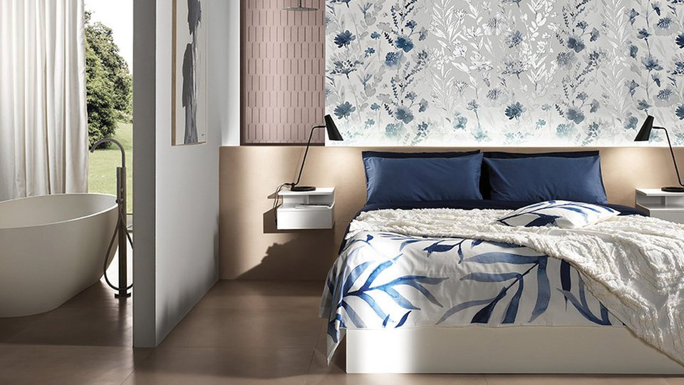 Tiles with floral designs and tropical leaves