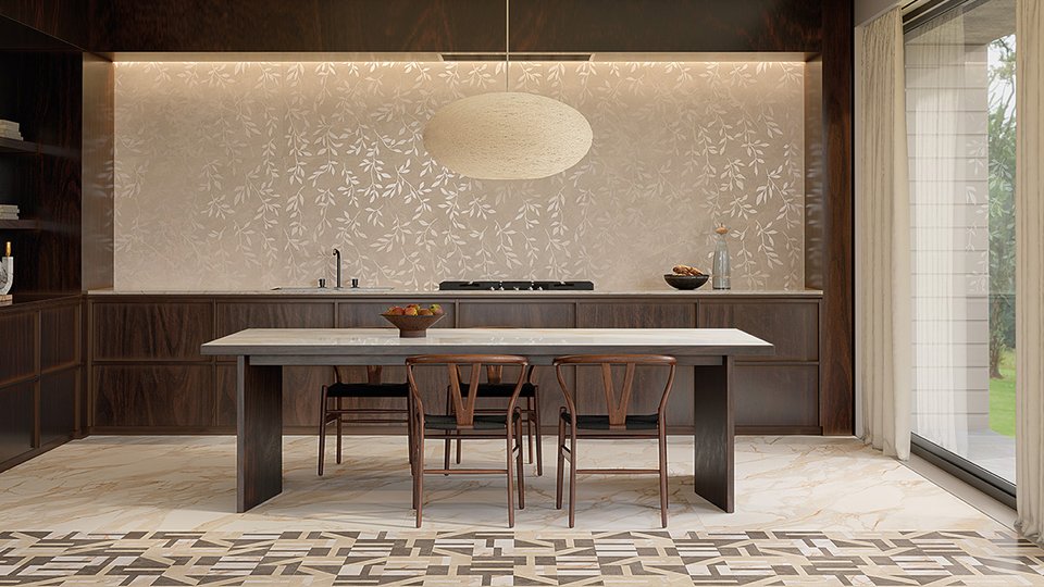 Elegant kitchen with beige marble-effect walls, decorative geometric flooring, and dark wood furniture with bright details.