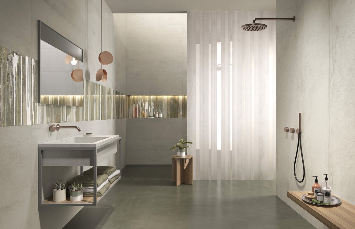 Room view Bathroom, created with tiles from the collection: YLICO – White, Grey, Green