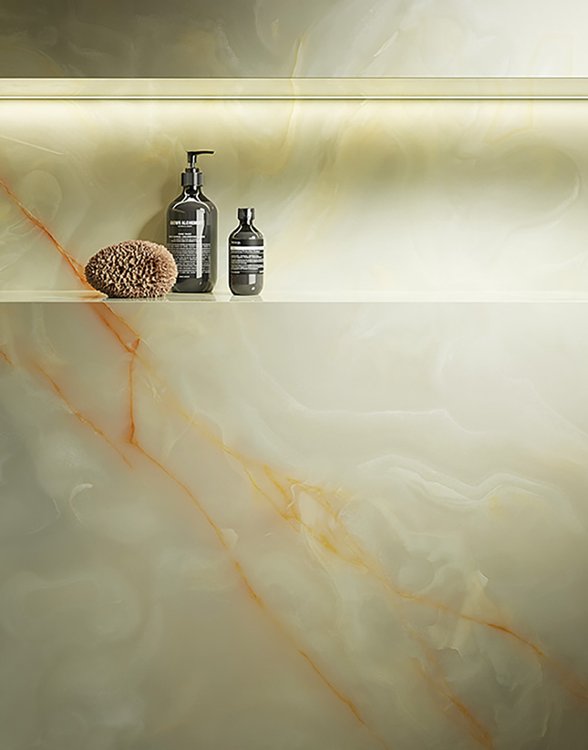 Room view , created with tiles from the collection: GEMME – Green, Red-Pink