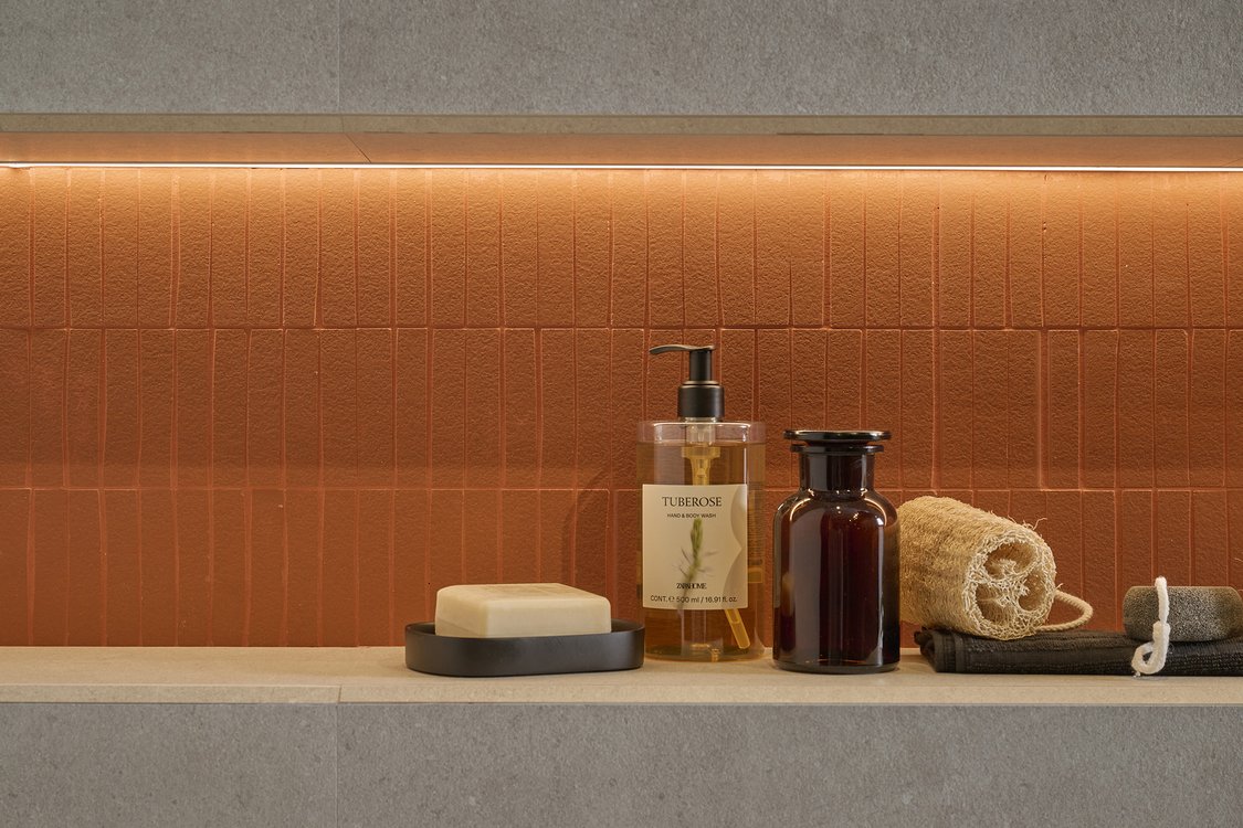 Room view Bathroom, created with tiles from the collection: MATERIA PURA wall tiles 50x120 – Grey, Other
