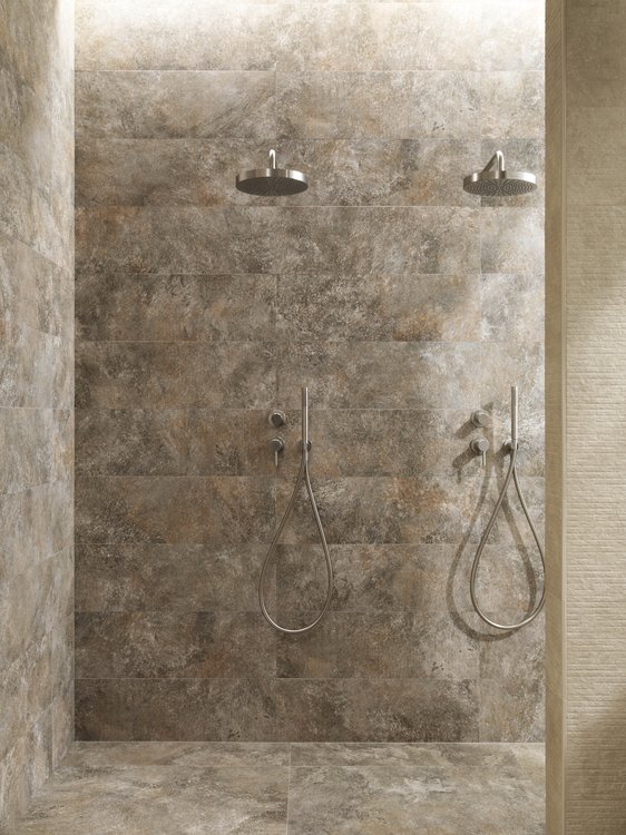 Image d'ambiance , réalisée avec des carreaux de la collection : NOBU – Marron