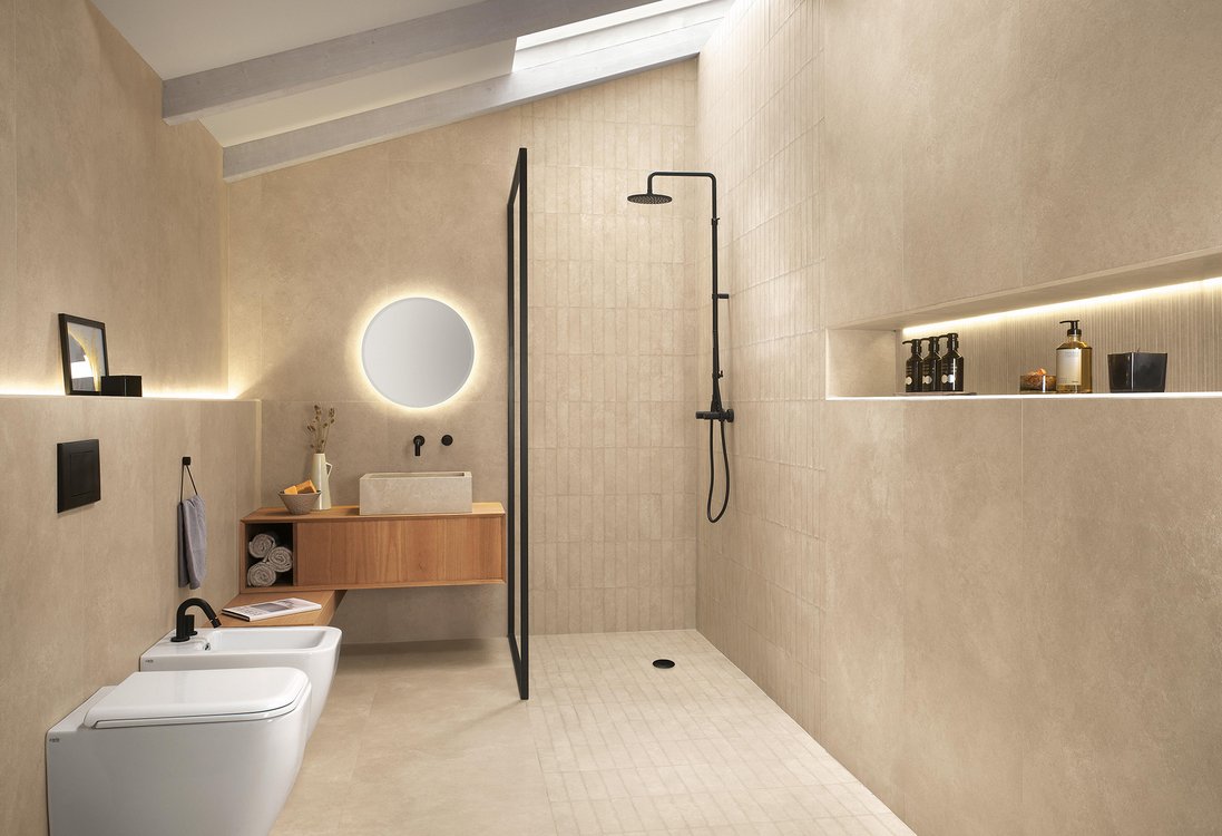 Room view Bathroom, created with tiles from the collection: NOBU – Beige