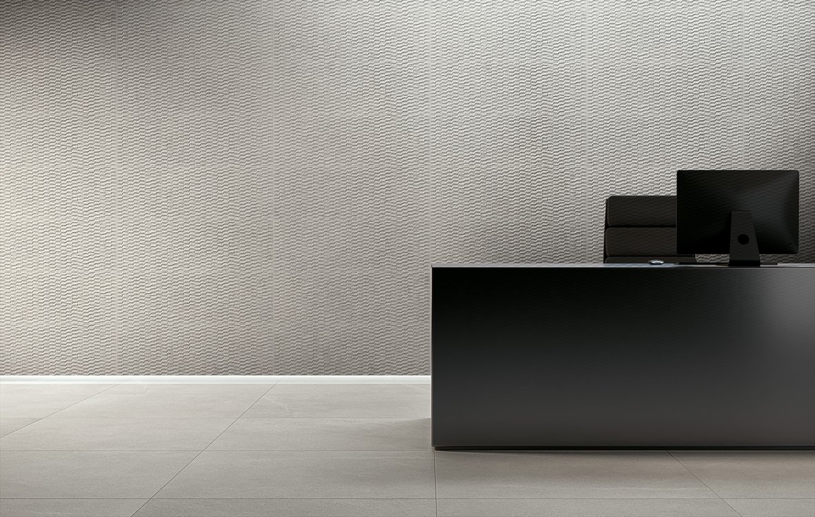 Imagen de ambiente Contrato, realizada con baldosas de la colección: LUMINA STONE – BLANCO