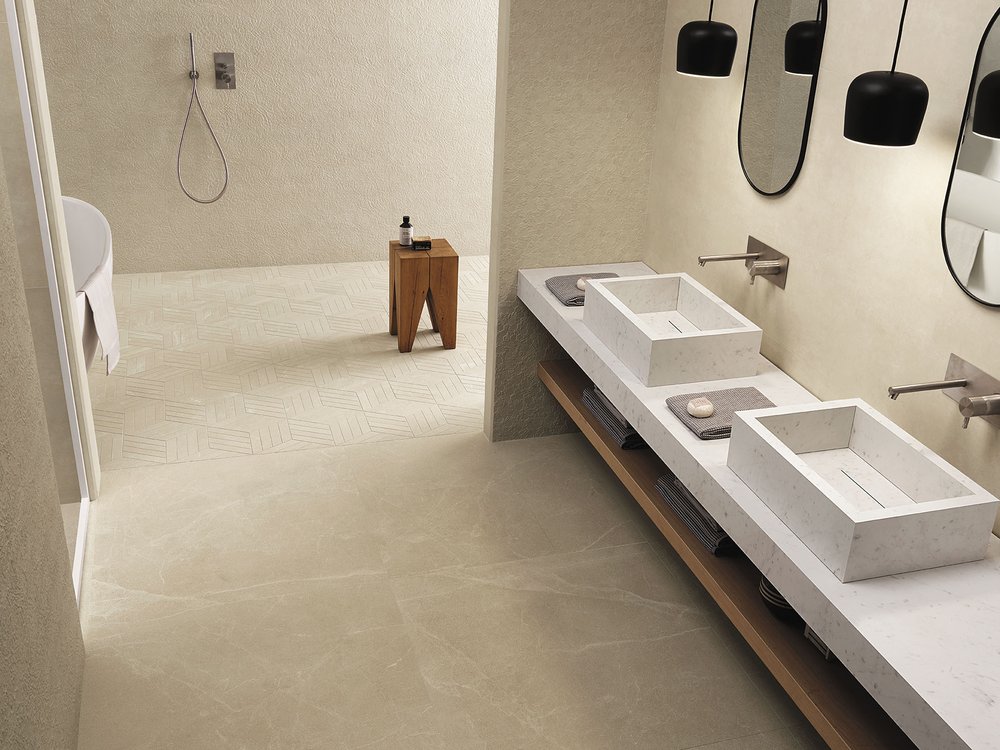 Imagen de ambiente , realizada con baldosas de la colección: BLOOM – BEIGE