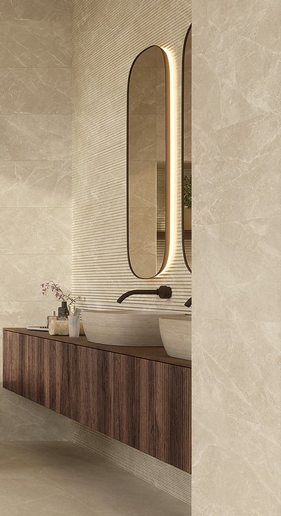 Room view , created with tiles from the collection: OLTRE IL MARMO – Beige