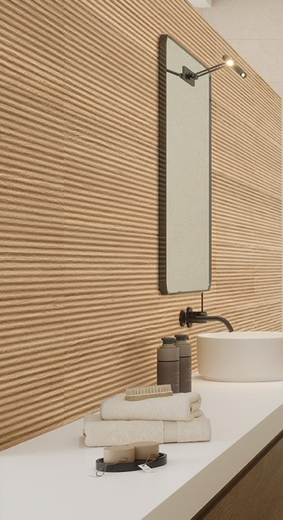 Room view , created with tiles from the collection: OLTRE LA PIETRA – Brown