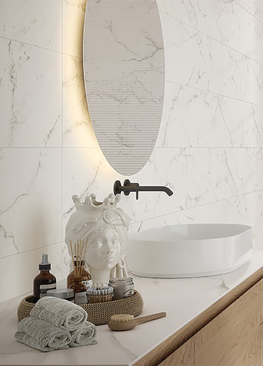 Room view , created with tiles from the collection: OLTRE IL MARMO – White