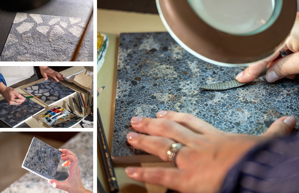 Imagen de ambiente , realizada con baldosas de la colección: MATERIA – BEIGE, BLANCO, GRIS