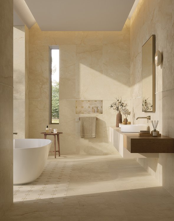 Room view Bathroom, created with tiles from the collection: DESERT – Beige
