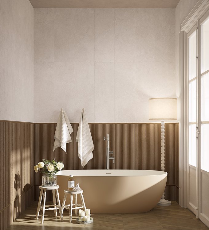 Room view Bathroom, created with tiles from the collection: OLTRE LA PIETRA – White, Brown