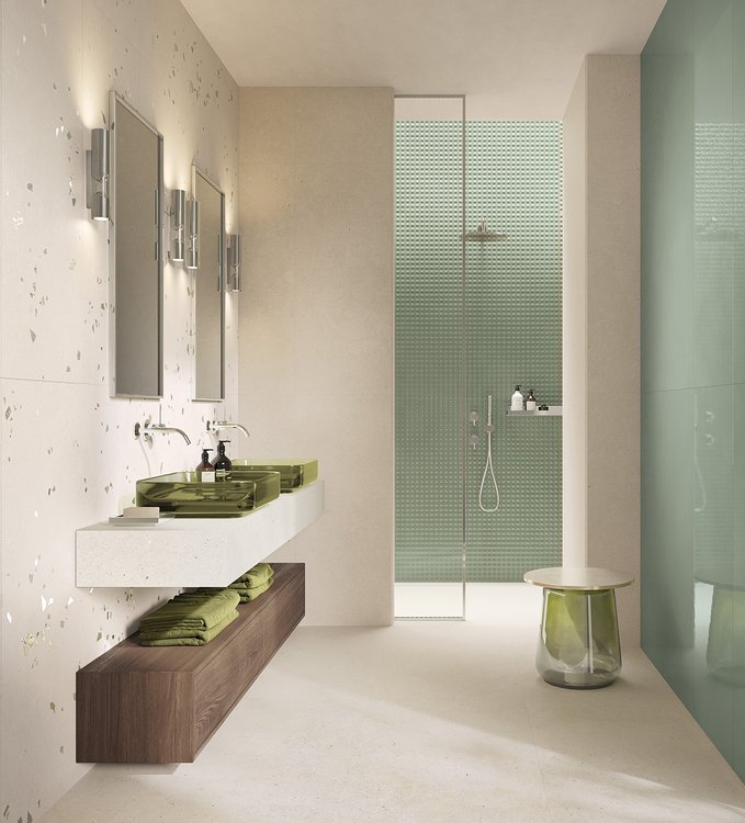Room view Bathroom, created with tiles from the collection: MATERIA PURA wall tiles 50x120 – Other, White