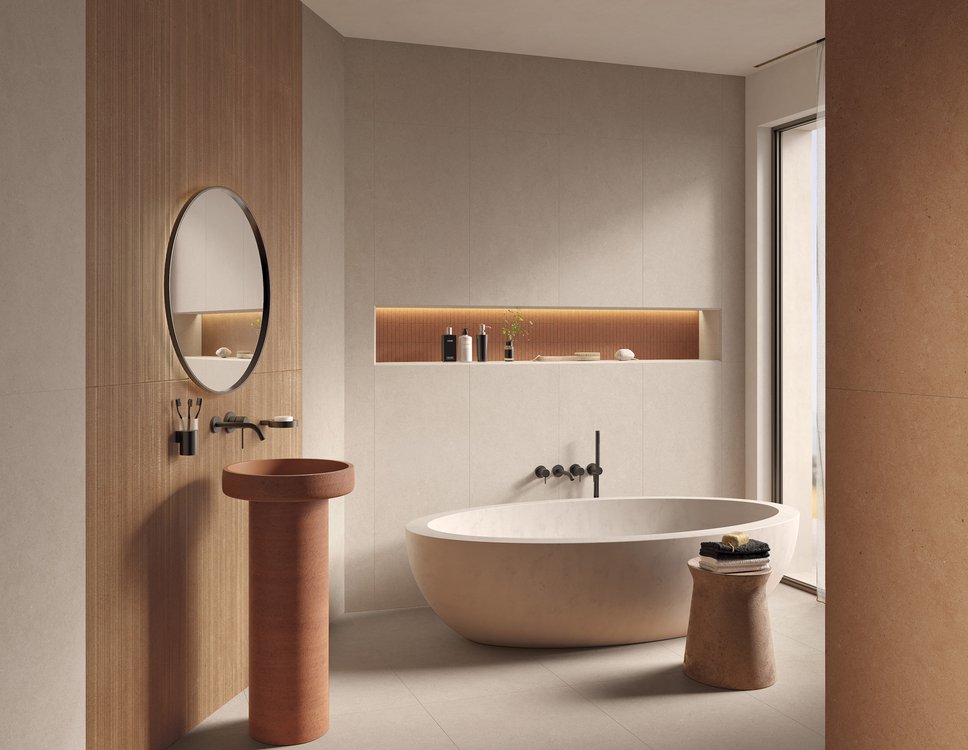 Room view Bathroom, created with tiles from the collection: MATERIA PURA wall tiles 50x120 – Other, Grey