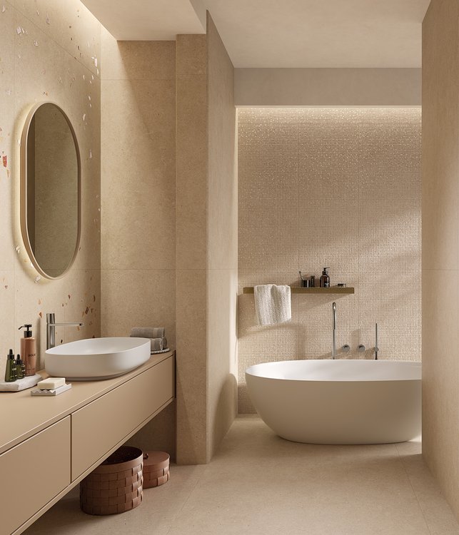 Room view Bathroom, created with tiles from the collection: MATERIA PURA wall tiles 50x120 – Beige