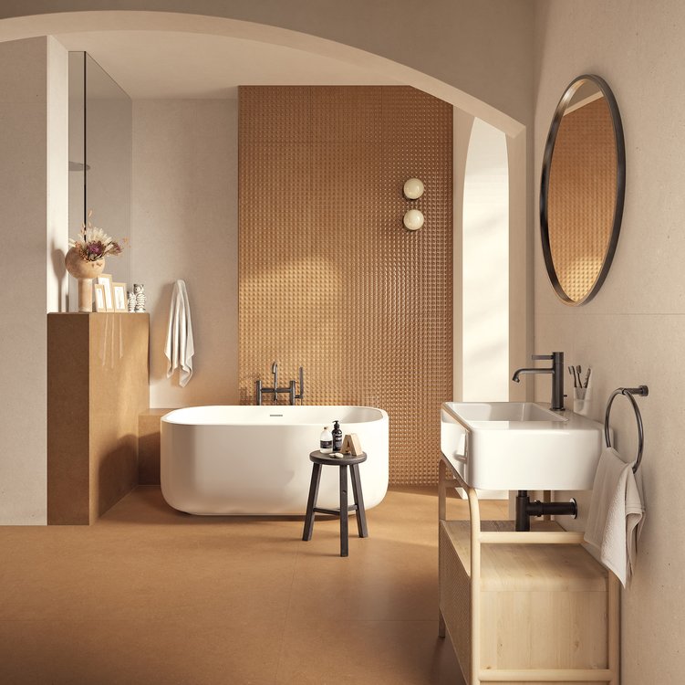 Room view Bathroom, created with tiles from the collection: MATERIA PURA wall tiles 50x120 – Beige, Other