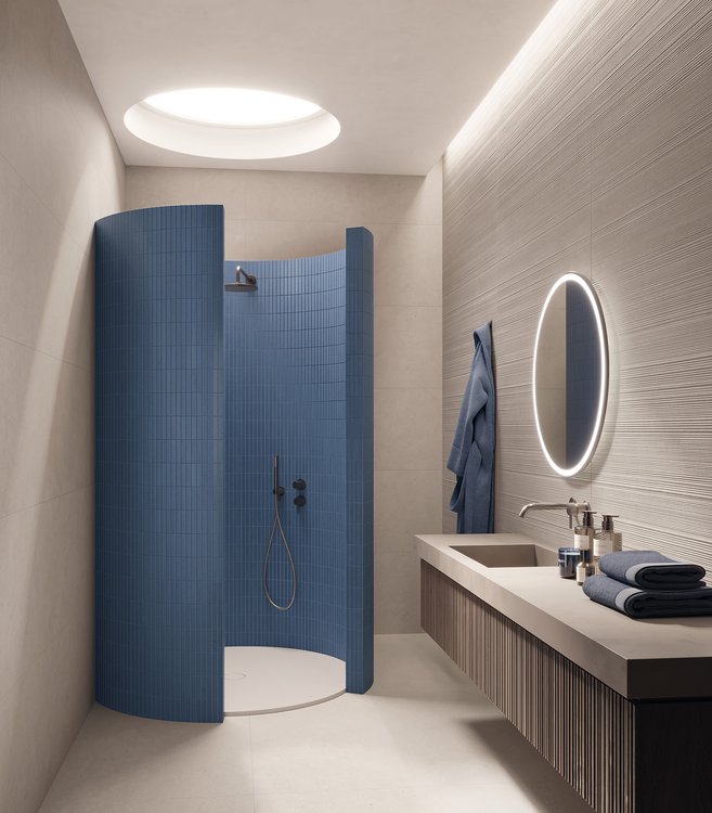 Room view Bathroom, created with tiles from the collection: MATERIA PURA wall tiles 50x120 – Grey, Other