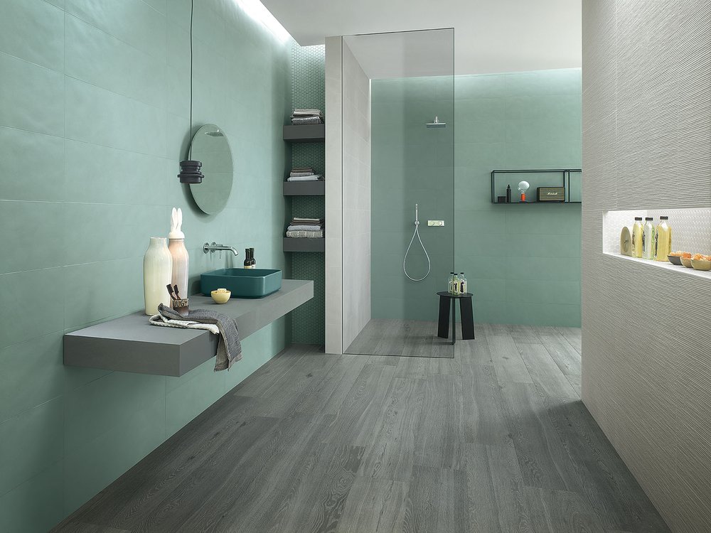 Room view Bathroom, created with tiles from the collection: COLOR LINE – Grey, Green