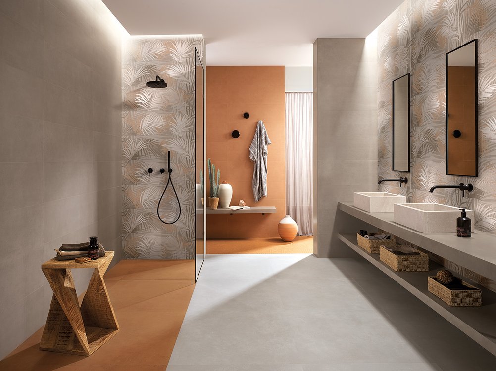 Room view Bathroom, created with tiles from the collection: DECO&MORE – Brown, Ocra, Grey