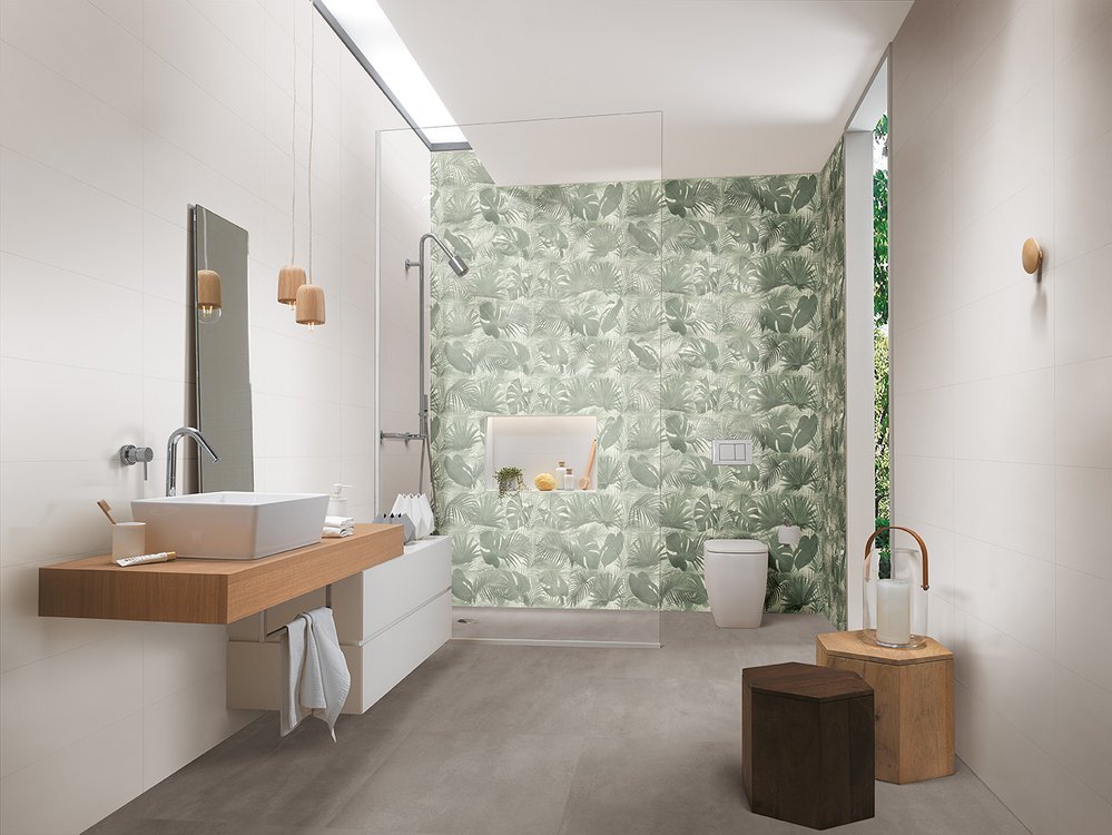 Imagen de ambiente Baño, realizada con baldosas de la colección: DECO&MORE – BLANCO, Verde