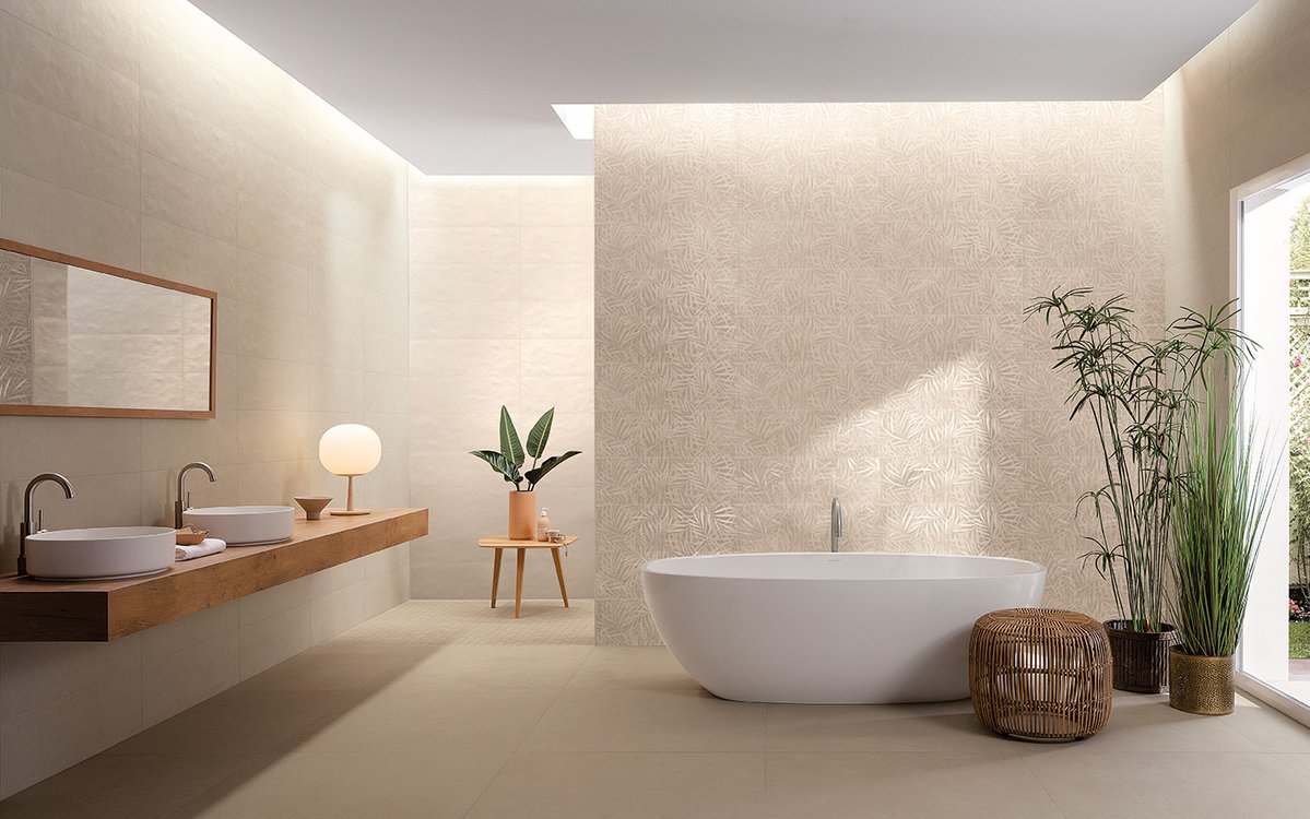 Room view Bathroom, created with tiles from the collection: DECO&MORE – Beige